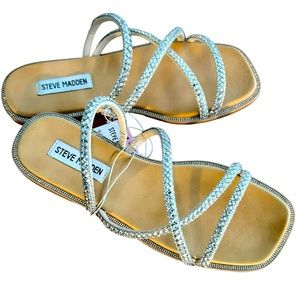 Steve Madden Women's SPICE Bling Square Open Toe Easy Slide-on Silver Sandal